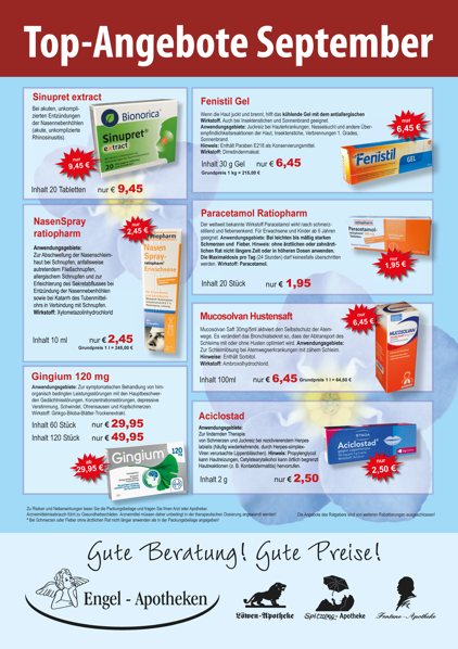 Aktuelle Monatsangebote Ihrer Apotheke Monatlicher Angebotsflyer der Apotheke mit Informationen zu Öffnungszeiten, Leistungen, Aktionen und wechselnden Produkten aus Gesundheit und Pflege.